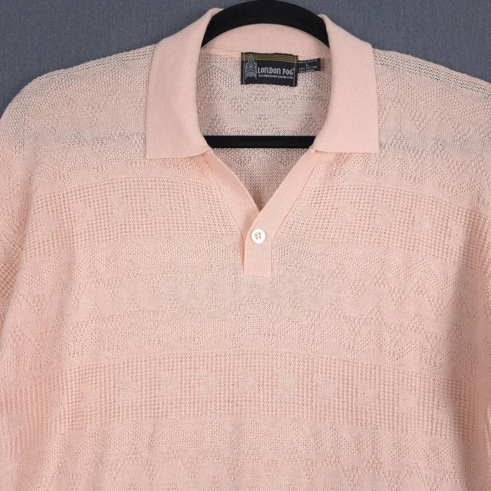 Vintage London Fog Retro Polo Mens Large Peach Cotton Rayon Textured‎ Knit Shirt